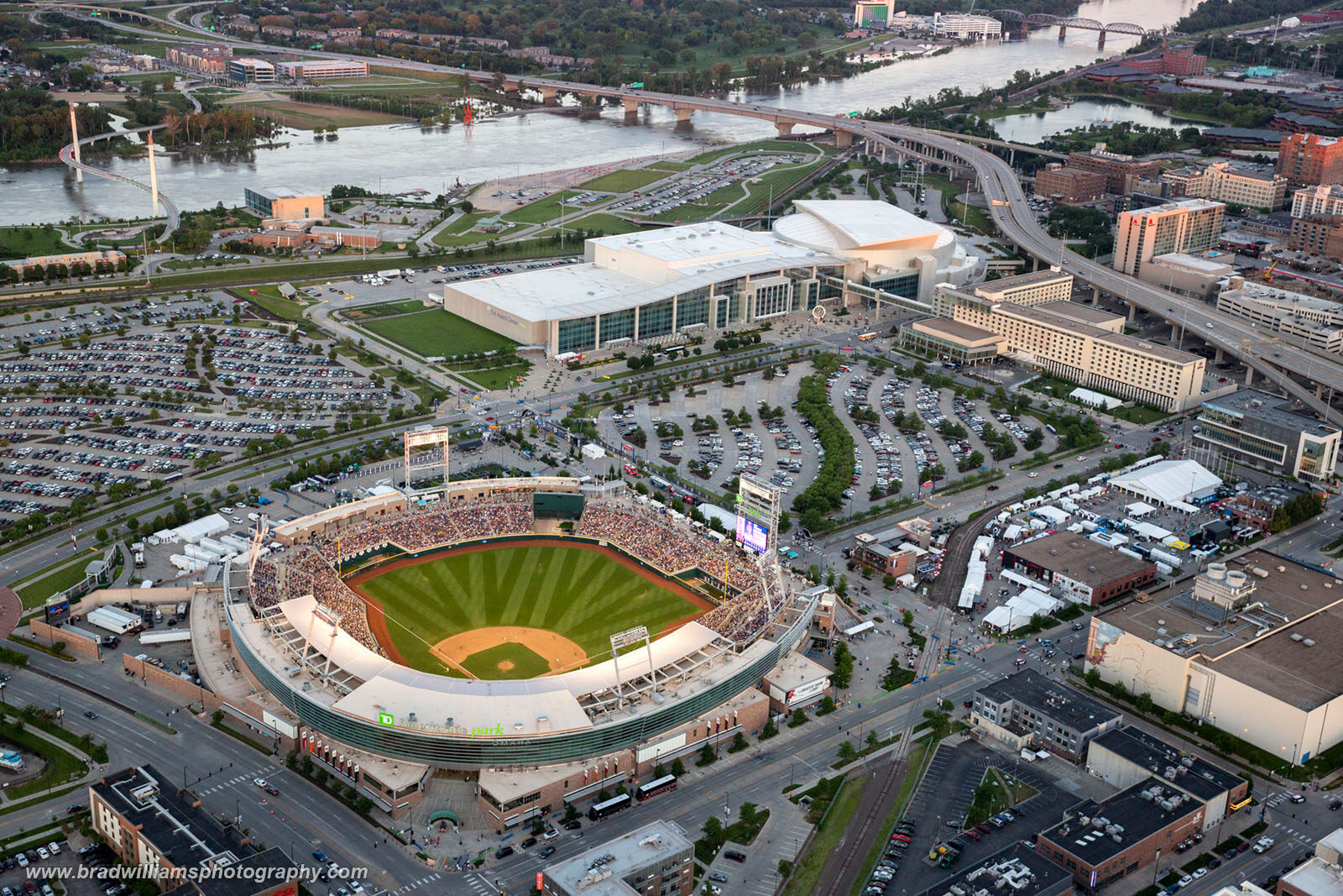Aerial Photo from a Helicopter of TD Ameritrade Park Omaha, Downtown, Omaha, Nebraska in 2019.