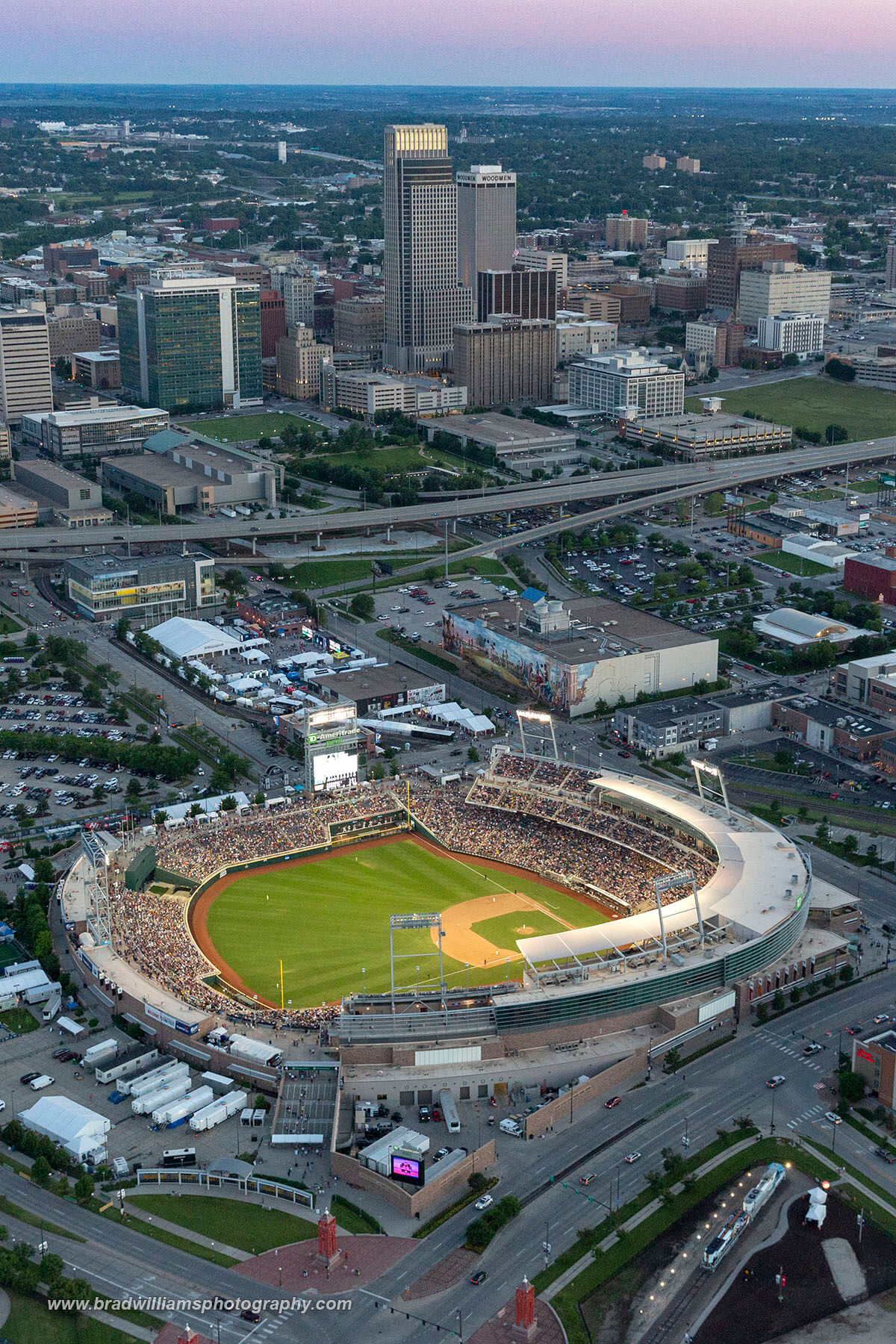 Aerial Photo from a Helicopter of TD Ameritrade Park Omaha, Downtown, Omaha, Nebraska in 2019.