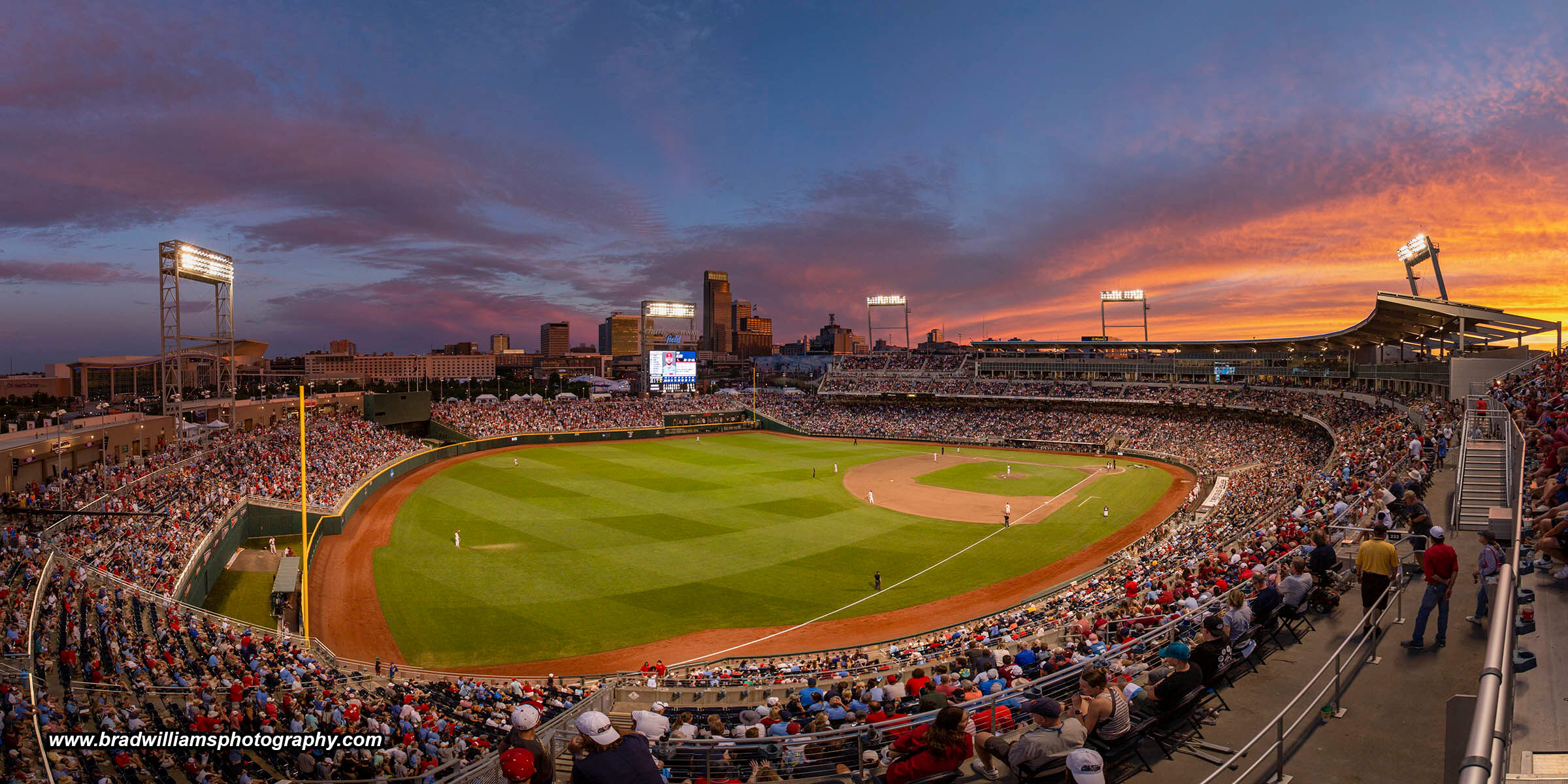 An incredible sunset over Charles Schwab Field Omaha /  TD Ameritrade Park Omaha in June 2022.