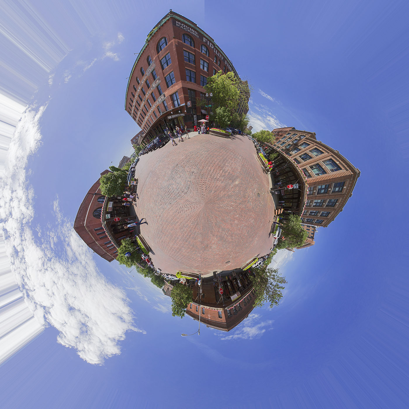 A 360 Degree Panoramic Photo of Omaha's Historic Old Market, warped in to a "world" or "globe".